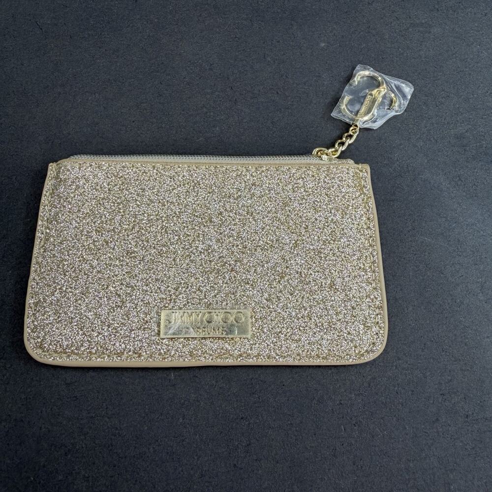 Jimmy Choo Parfums Gold Glitter Mini Wallet Coin Card ID Purse Pouch Charm Logo